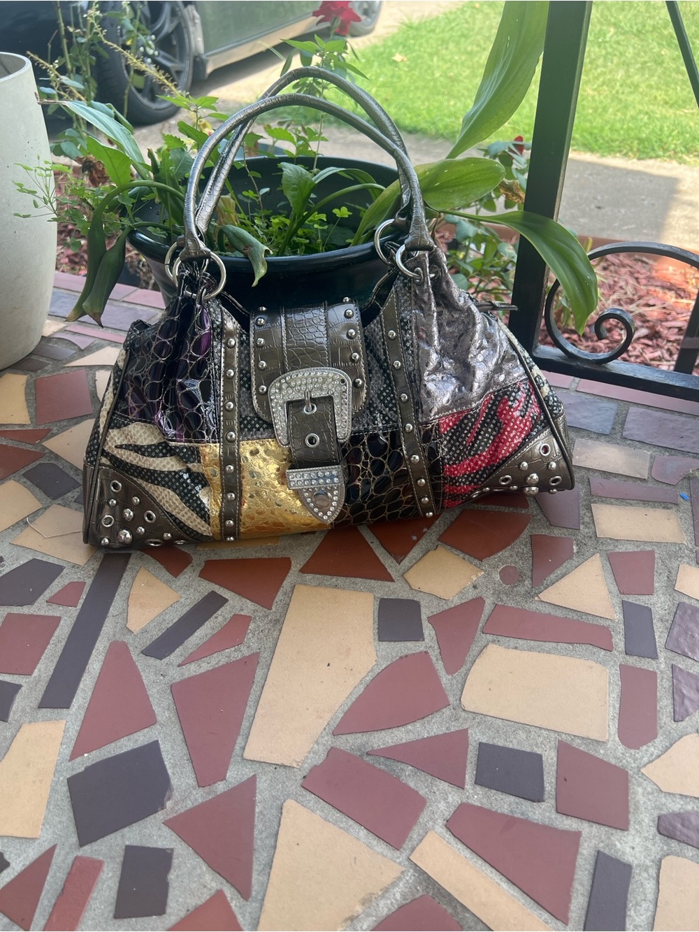 Alba Multicolor Metallic Patchwork Studded Shoulder Bag